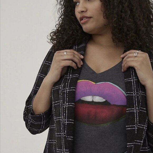 Torrid Open Front Draped Blazer Size 2 (18/20) Black White Windowpane Plaid - Picture 1 of 7